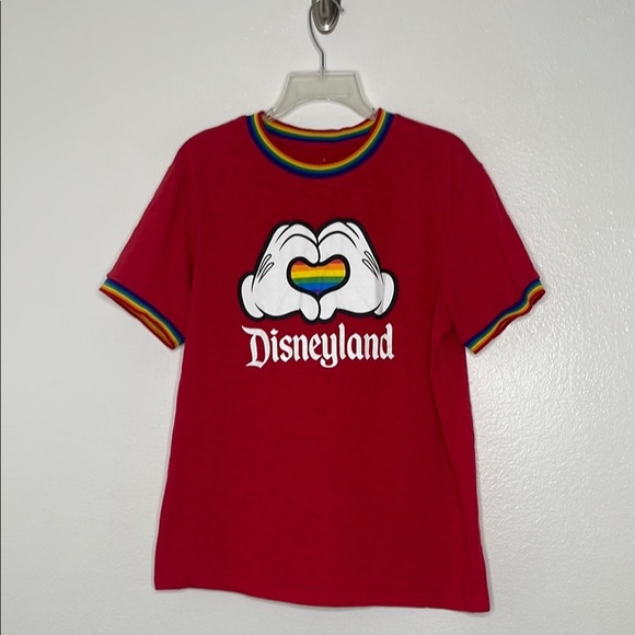 Mickey Mouse Heart Hands Ringer T-Shirt Disneyland Rainbow Disney Proud Medium - Picture 1 of 4